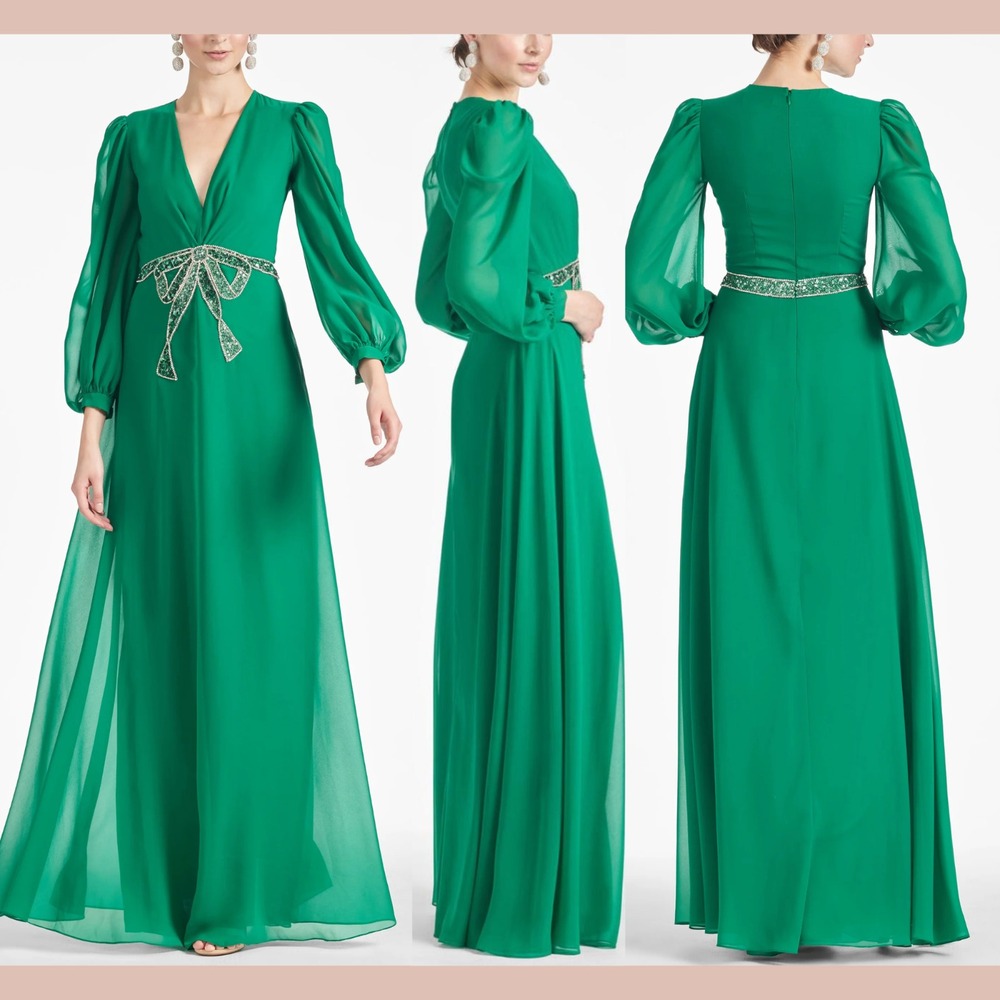 NWT $1095 Sachin & Babi‎ [ 4 ] Ramsey Long Sleeve V Neck Bow Gown Green J1560